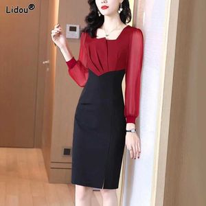 Basic Casual Dresses Patchwork Solid Color Skinny Temperament Square Collar Pleated Office Lady Spring Summer Thin Dresses Casual Womens ClothingC24315