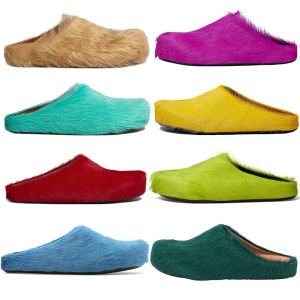 Slippers with cowhide long fur Fussbett sandals with box yellow green fashion ourdoor indoor shoes mens trainers beach slippers booties Casual shoes size35-45