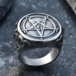 Diabo satanás pentagrama 14k anel de ouro branco baphomet cabra goth punk enxofre leviatã cruz masculino judaísmo amuleto joias