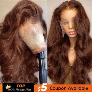 13x4 Chocolate Brown Body Wave Spets Front Wig Human Hair HD Spets Wig 100% Human Hair Prepluched Colored Human Hair Wigs Remy