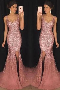 New Amazing Mermaid Prom Dresses Sexy V Neck Spaghetti Strap Crystal Sequin Tulle High Slit Evening Gowns Vestido De Festa estido