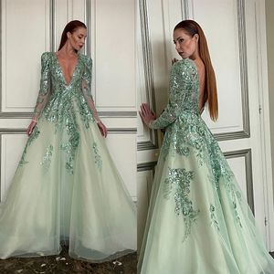 Luxury Women Evening Dresses V Neck Long Sleeves Backless Prom Gowns Appliques Sweep Dress For Party Custom Made Robe De Soiree