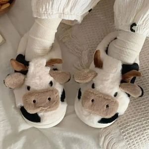 Flops Fluffy Cow Slippers Women Men Winter Fulffy Fur Plush Fleece Flat Slippers Thick Soled Indoor Cotton Slippers For Couple Shoes