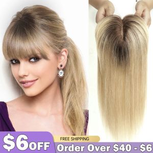 Toppers 100% Remy Human Hair Toppers med Bangs Platinum Blonde Ombre Human Hair Pieces For Women Thin Hair Silk Base Clip i toppers