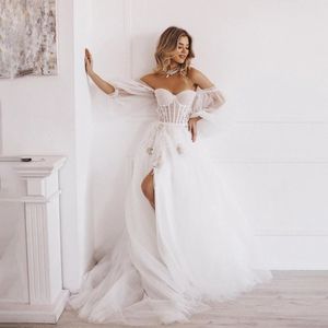 Front Slit A Line Tulle Beach Wedding Dresses Off The Shoulder Long Ivory Bridal Gowns Lace Appliques Sweetheart Corset Country Bride Dress 2024 Summer