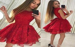 Red Lace Homecoming Dresses Jewel Neck Tiered Kjol Capped Sleeves Mini Cocktail Party Dress Ball Gown Custom Made Short Prom Gown5823429