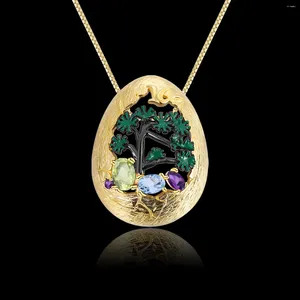 Chains Abiding Two Tone Handmade Emaille Craft Natural Mixed Gemstone Woman Statement Jewelry 925 Silver Gold Platted Pendant Necklace