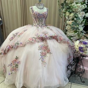 豪華なライトピンクボールガウンQuinceanera Dress 2024 Applique Tull Vestido De 15 Anos Sweet 16 Birthday Pageant Princess Party Gown