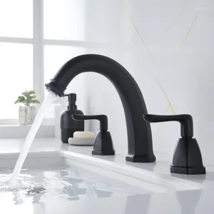 Bathroom Sink Faucets Matte Black Brass Faucet 3 Holes 2 Handle Wash Basin Cold Water Washbowl Tap High Quality Copper