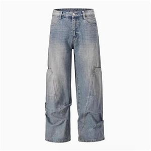 Calças jeans lavadas para homens e mulheres, calças largas com bolso para lavagem de água pesada