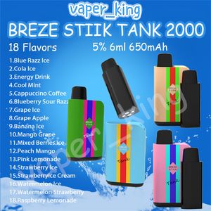 Breze Stiik Tanque 2000 Puff Descartável E Cigarros Bobina de Malha 6ml Pod 650 mAh Bateria Cigarros Eletrônicos 2% 5% 18 Sabores Puffs 2K Vape Pen