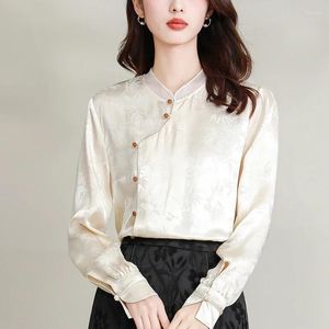 Blusas femininas YCMYUNYAN-Mulheres Estilo Chinês Seda Solta Estampas Roupas Mangas Compridas Primavera Verão