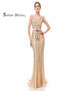 Generous 2019 Full Beads With Ribbon Vneck Zipper Champagne Mermaid Prom Dresses Formal Evening Party Gowns 53997032380