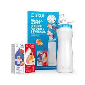 Starter kit Cirkul per bottiglia d'acqua bianca in acciaio inossidabile da 22 once con coperchio blu e 2 cartucce di aromi (frutta e bacche miste)