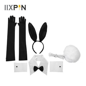 Women Bunny Accessory Set Rabbit Ear Collar Bow Tie Cuffs Tail Long Gloves for Halloween Christmas Cosplay Party Costume Props 240320