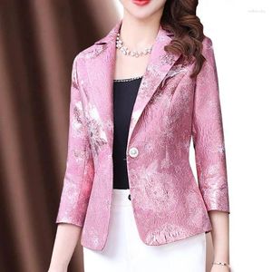 Damenanzüge S-3XL Frauen Blazer Jacke Blumendruck Dreiviertelärmel Slim Loose Frühling Sommer Herbst Mittleres Alter Mutter Plus Size Rosa