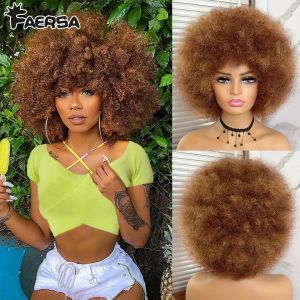 Peruker kort hår afro kinky lockiga peruker med lugg för svarta kvinnor afrikanska syntetiska ombre glueless cosplay naturlig blond rödblå peruk