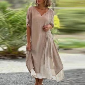 Vestidos casuais primavera verão vestido elegante midi feminino com decote em v botão decoração de duas peças contraste cor design macio para