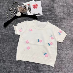 T-shirt a maniche corte con alfabeto floccato rosa tridimensionale, girocollo da donna, maniche a sbuffo, mezze maniche, semplice maglione da ragazza calda