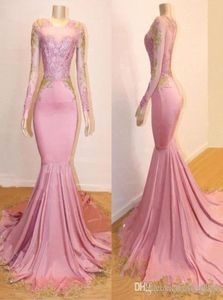 Pink and Gold Mermaid Prom Dresses with Long Sleeve 2019 Sexy Jewel Neckline Sheer Formal Evening Gowns Cocktail Party Red Carpet 5684661