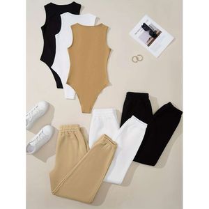 3 Set Solidi Set in Due Pezzi, Girocollo a Costine Canotta Body Elastico in Vita Pantaloni da Jogging Abiti, Abbigliamento da Donna