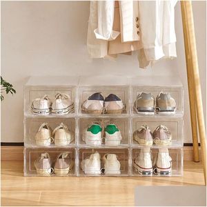 Scatole portaoggetti Contenitori Contenitori per scarpe in plastica Scatola trasparente Pantofole Scarpe da ginnastica Home Closet Organizer Antipolvere Scaffale Stack Scatola per scarpe Drop Dhoia