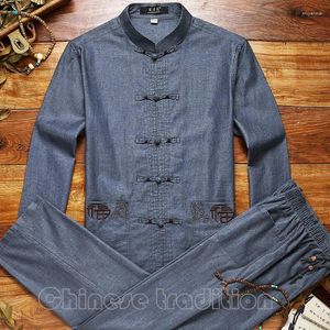 Roupas étnicas bordar estilo chinês terno homens tang roupas linha de algodão hanfu vintage taichi traje masculino mandarim colarinho casacos de vestuário