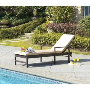 Camp Furniture Outdoor Collection Brown Rattan/Beige Cushion Adjustable Chaise Lounge Chair