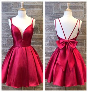 Bright Red Homecoming Dresses 2019 A Line Spaghetti V Neck Short Prom Party Dance Gowns Real Po Big Bow Backless Cocktail Hoco 8447577