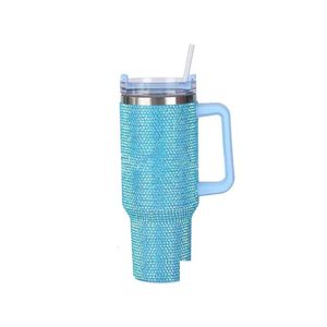 Thermos Tazza decorata con motivo strass da 40 Oz Tazza da caffè a fondo piatto di lusso con manico e coperchio Thermos in acciaio inossidabile Drop D Dhlpg