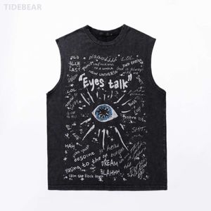 Chaoshen's European And American Retro Distressed Dark One Eyed Printed Sleeveless Vest, Washed Black High Street Casual Men's T-Shirt