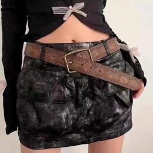 Belts 2024 Designer Female Gothic Y2k Belt Vintage Women's Pu Leather Hip Hop Fashion Pattern Print Retro Jeans Dress Accessories