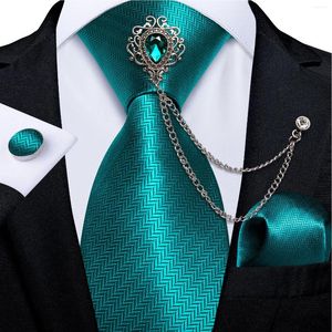 Bow Ties Teal Blue Solid Men's Silk Tie Set 8cm Width Neck Handkerchief Cufflinks Wedding Brooch Chain Gift For Men DiBanGu