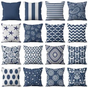 Kudde Navy Blue Geometric Linen Pillows Cover Modern Fashion Nordic Couch Simple Living Room Decor Throw Case