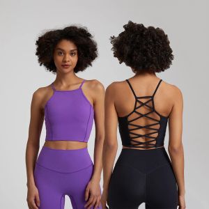 Sutiãs sexy sem costas cruzados yoga tank top feminino gola alta rendas até costas sutiãs esportivos com almofadas removíveis correndo treino colheita topos