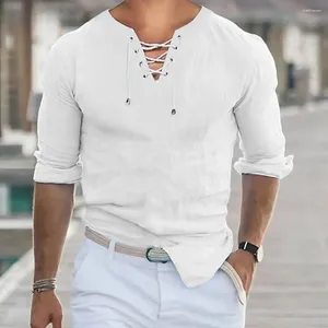 Camisas casuais masculinas camisa diária retro laço-up v pescoço com ajuste fino mangas compridas para primavera outono macio respirável topo