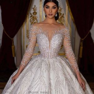 Fantastisk prinsessa en linje bröllopsklänningar för kvinnor långa ärmar lyxiga turkiska brudklänningar backless paljett vestido de noiva civil