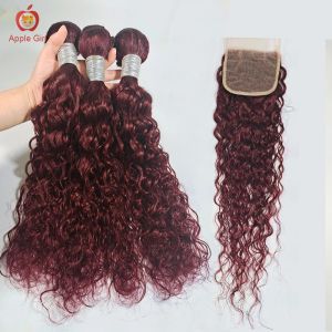 Perucas soltas onda de água pacotes com fechamento onda natural fechamento transparente do laço com pacotes 99j vinho escuro cabelo humano brasileiro