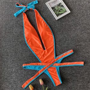 Kvinnors badkläder Sexig Deep-V Bikini Halter Bandage 1 Piece Swimsuit High Cut Monokini Y2K Backless Women Beach Bathing Suit Bikinis Set