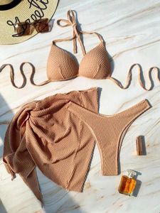 Costume da bagno da donna con pareo da spiaggia, reggiseno, coppa, bikini rugoso, costume da bagno femminile, set da tre pezzi, costume da bagno push up, costume da bagno da donna