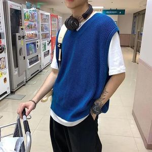 Erkek yelek giyim düz renkli yelek v boyun yelek örgü sweater erkek düz mavi bol şeridi Kore tarzı bahar sonbahar 2024 x
