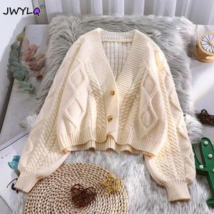 Autumn Inter Oneck Twist Long Sleeve Knitted Sweater Korean Fashion Loose Singlebreasted Cropped Women Casual 240304