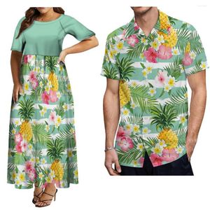 Festklänningar Par Set Green Custom Flower Motiv Samoan Dress for Women and Hawaiian Short Sleeve Shirt Men