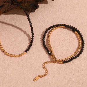 Braccialetti con ciondoli E B Belle Negozio ufficiale Catena di perline di ossidiana Confezione a doppio strato Collana Set di gioielli Catena nera da donna Q240321