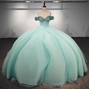 Sparkly Light Green Princess Quinceanera Dress Glitter Off the Shoulder Tull Sweet 16 Vestido de 15 Anos Corset Dress