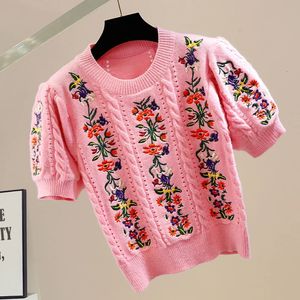 빈티지 우아한 자수 니트 스웨터 TSHIRT 여성 여름 퍼프 슬리브 Oneck Tops Pullovers 세련된 패션 세련