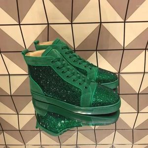 Casual Shoes Couple Luxury High Top Men Trainers Driving Spiked Black Green Suede Genuine Leather Wedding Silver Crystal Flats Sneakers