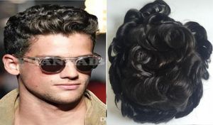 Naturlig hårfäste spets front afro curl toupee wavy full pu men toupee svart colo hår full tunn hud toupee hår ersättning för me7839712