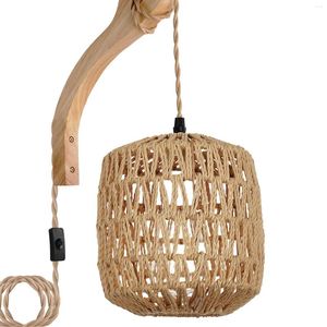 Vägglampa rustik handvävd skugga hängande ljus med trä arm justerbar sladd för barnkammare