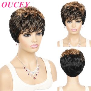 Wigs OUCEY Short Wigs Women Natural Wavy Synthetic Hair Wigs For Women Black Brown Wig Female Pixie Cut Wig With Bangs